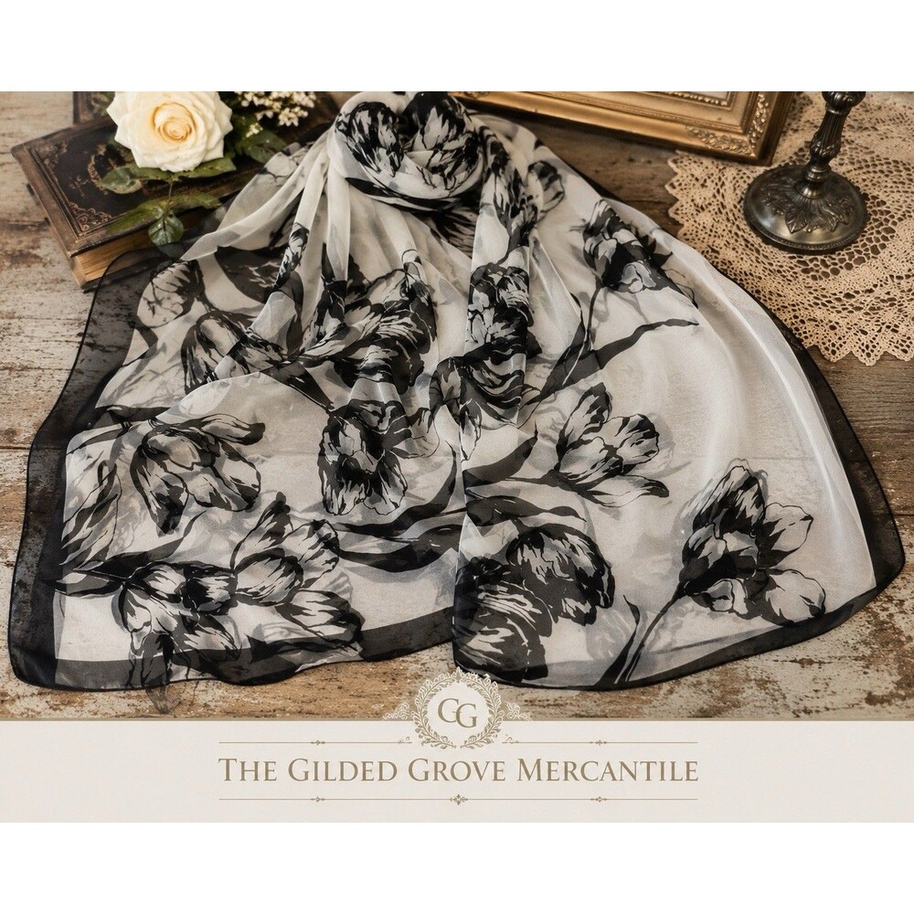 Frangi Tie Rack Italy Black White Tulip Floral Sheer Scarf 38” x 60” Wrap